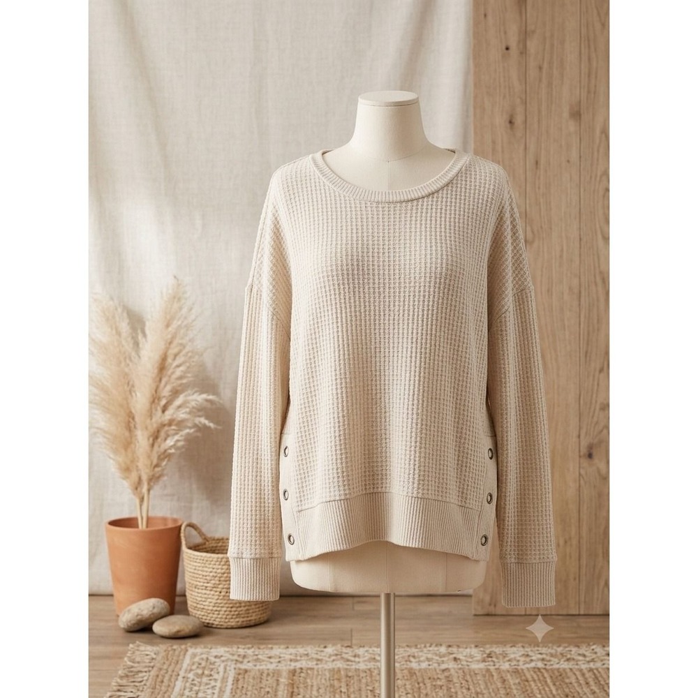 SO Oversized Waffle Knit Sweater Beige Grommet Side Details XL